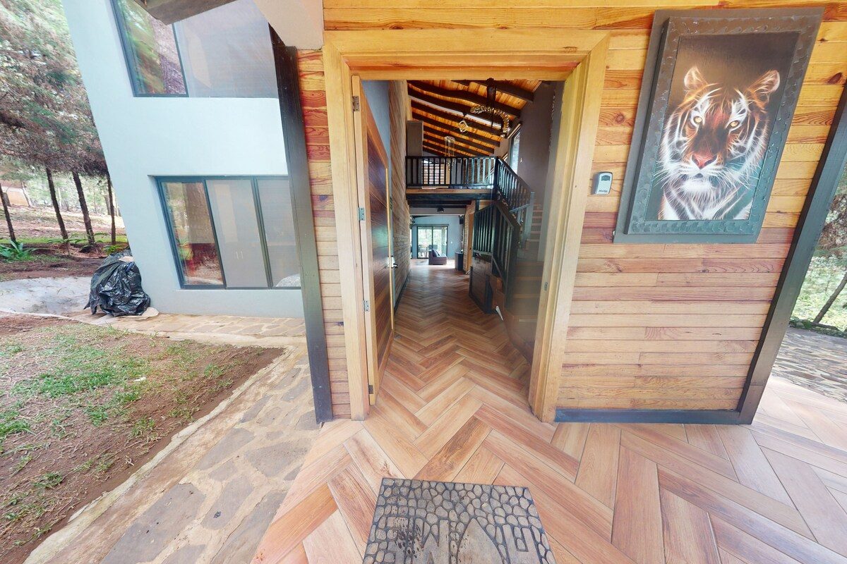 Ambiente interior — sala con vista al bosque